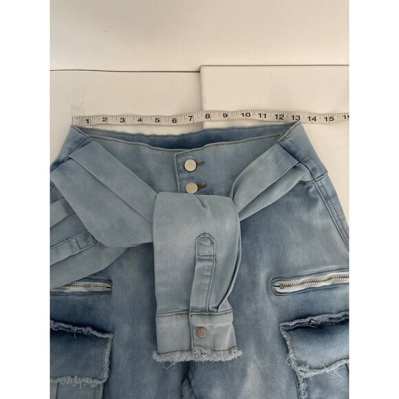 Y2K Cargo Jogger Jeans  L Light Wash Denim Utility Shirt Tie Waist Pockets Edgy - Picture 7 of 14